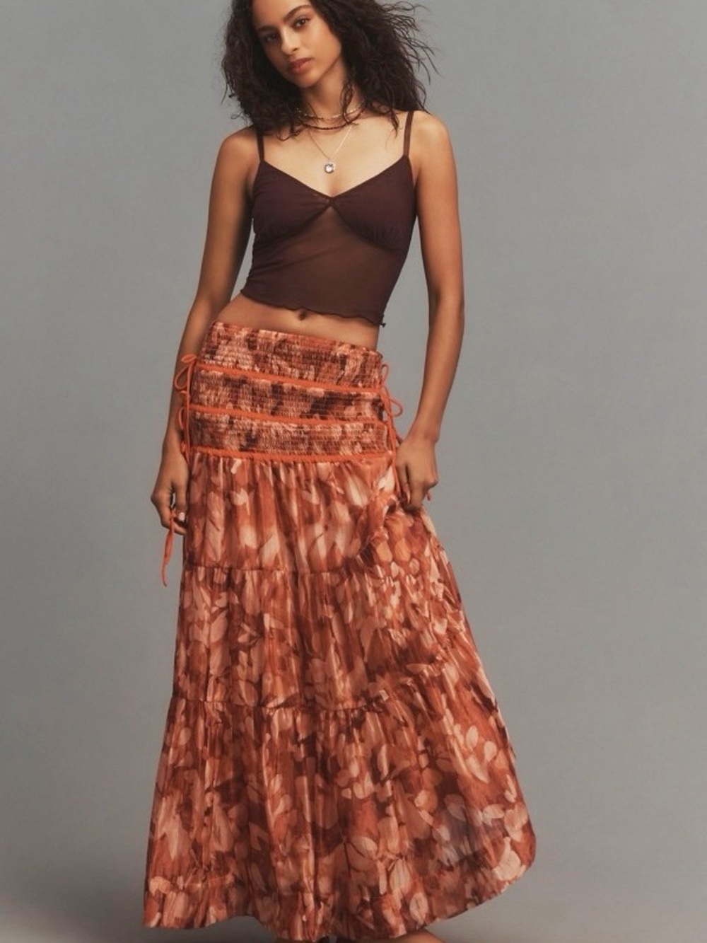 By Anthropologie Sheer Volume Maxi Skirt in Orange Motif Size M